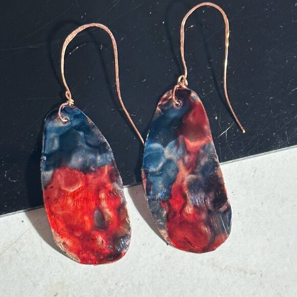 Festive Blue Red Copper Embossed Earrings Handmade Textured Painted Rustic Boho - Picture 11 of 11